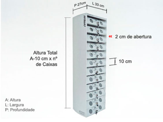 Dimensão de cada compartimento: A 10 x L 33 x P 27 cm. Dimensão do conjunto A 10 x nº de caixas x L 33 x P 27 cm.