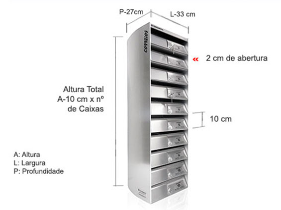 Dimensão de cada compartimento: A 10 X L x 33 x P 27 cm. Dimensão do conjunto A 10 x nº de caixas x L 33 x P 27 cm.