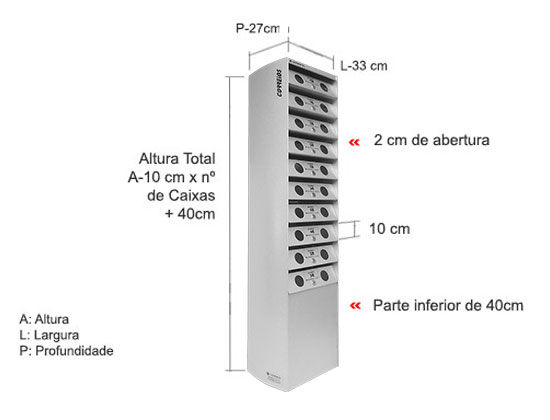 Dimensão de cada compartimento: A-10 X L x 33 x P 27 cm. Dimensão do conjunto A-10 x nº de caixas x L 33 x P 27 cm.
