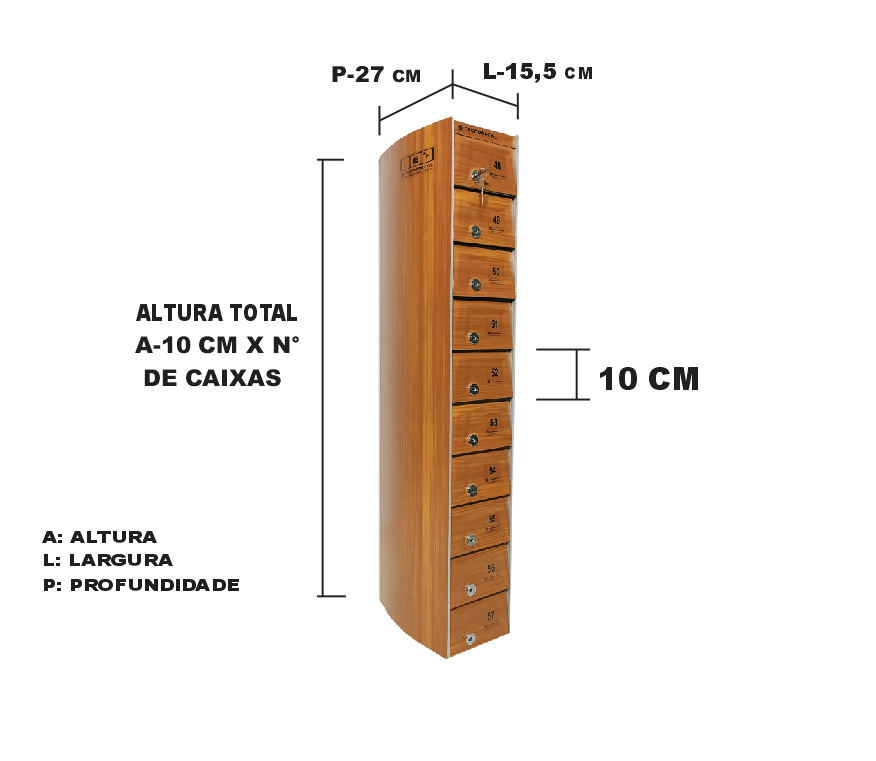 Dimensão de cada compartimento: A-10 X L x 15.5 x P 27 cm. Dimensão do conjunto A-10 x nº de caixas x L 15.5 x P 27 cm.