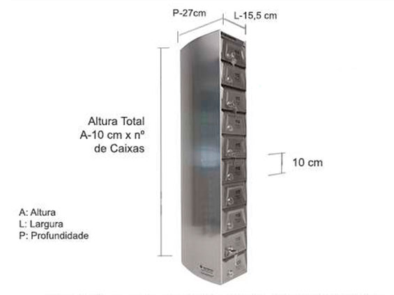 Dimensão de cada compartimento: A 10 X L 15.5 x P 27 cm. Dimensão do conjunto A 10 x nº de caixas x L 15.5 x P 27 cm.