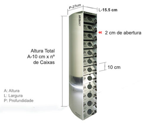 Dimensão de cada compartimento: A 10 x L 15.5 x P 27 cm. Dimensão do conjunto A 10 x nº de caixas x L 15.5 x P 27 cm.
