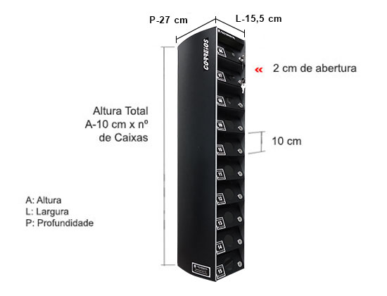 Dimensão de cada compartimento: A 10 x L 15,5 x P 27 cm. Dimensão do conjunto A 10 x nº de caixas