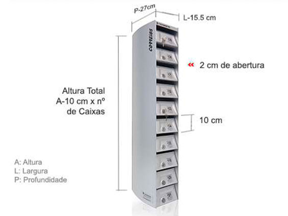 Dimensão de cada compartimento: A 10 x L 15.5 x P 27 cm. Dimensão do conjunto A 10 x nº de caixas x L 15.5 x P 27 cm