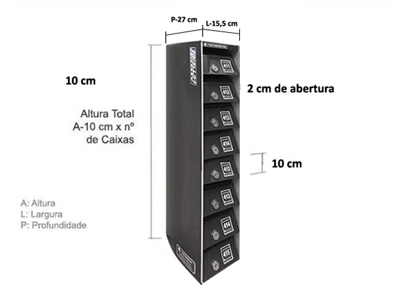 Dimensão de cada compartimento: A 10 x L 15,5 x P 27 cm. Dimensão do conjunto A 10 x nº de caixas.