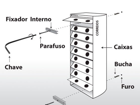 Fixe as caixas conforme desenho girando a chave no sentido horário. Chaves elementos de fixação acompanham o produto.