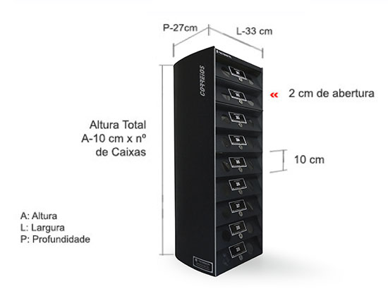 Dimensão de cada compartimento: A-10 X L x 33 x P 27 cm. Dimensão do conjunto A-10 x nº de caixas.