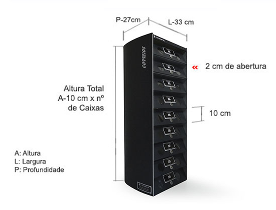 Dimensão de cada compartimento: A 10 X L x 33 x P 27 cm. Dimensão do conjunto A 10 x nº de caixas.