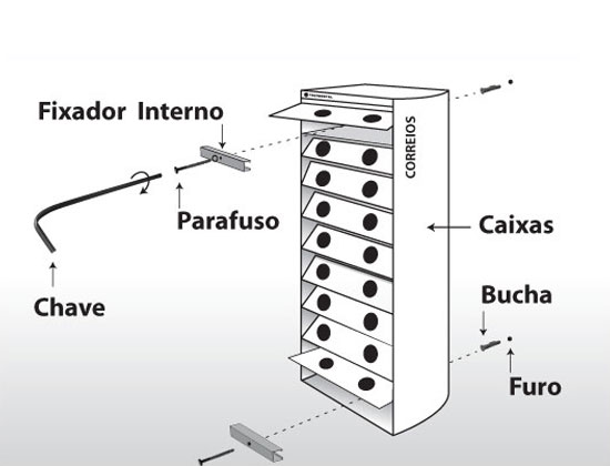 Fixe as caixas conforme desenho girando a chave no sentido horário. Chaves elementos de fixação acompanham o produto.