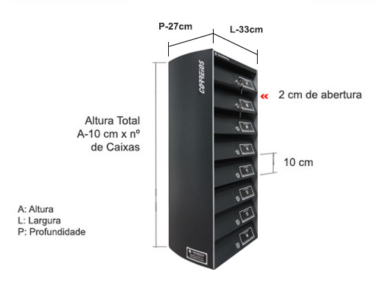 Dimensão de cada compartimento: A 10 X L x 32,5 x P 27 cm. Dimensão do conjunto A 10 x nº de caixas