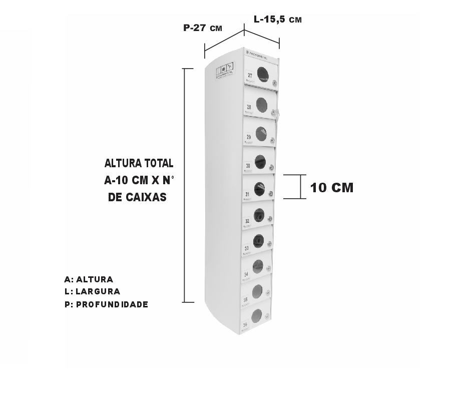 Dimensão de cada compartimento: A 10 X L 15.5 x P 27 cm. Dimensão do conjunto A 10 x nº de caixas x L 15.5 x P 27 cm.