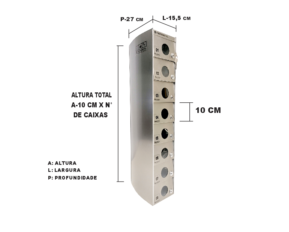 Dimensão de cada compartimento: A 10 X L 15.5 x P 27 cm. Dimensão do conjunto A 10 x nº de caixas x L 15.5 x P 27 cm.