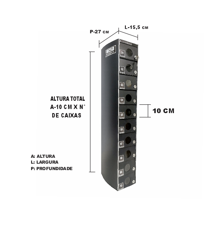 Dimensão de cada compartimento: A 10 X L 15,5 x P 27 cm. Dimensão do conjunto A 10 x nº de caixas.