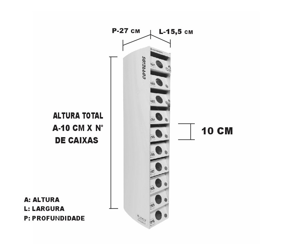 Dimensão de cada compartimento: A-10 x 15,5 x P 27cm. Dimensão do conjunto: A-10cm x n/ de caixas.
