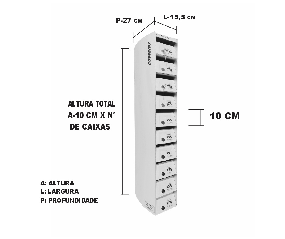 Dimensão de cada compartimento: A 10 x L 15,5 x P 27cm. Dimensão do conjunto A 10cm x nº de caixas.