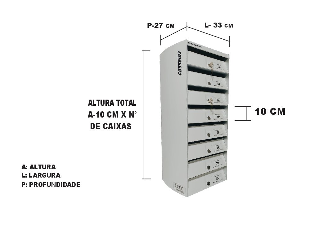 Dimensão de cada compartimento: A 10cm x L 33cm x P 27cm. Dimensão do conjunto A x nº de caixas.