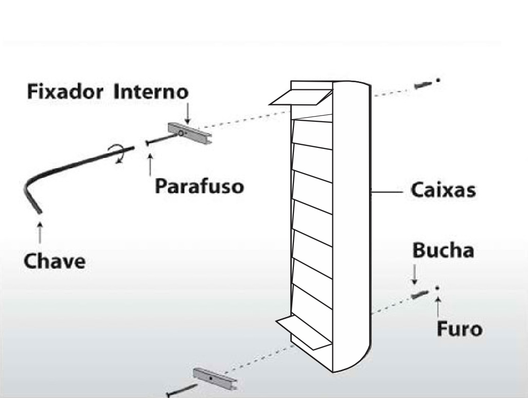 Fixe as caixas conforme desenho girando a chave no sentido horário. Chave e elementos de fixação acompanham o produto.